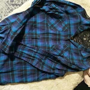 Express Blue and Black Plaid Button Down Shirt